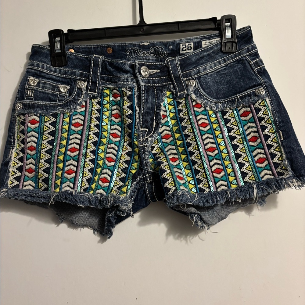 Miss Me Blue Jean Shorts with Vibrant Geometric Design